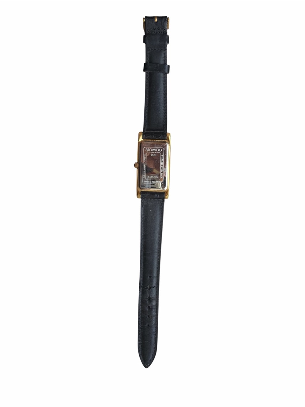 Vintage Movado 18k Gold Plated Tank Watch Black Leather Strap Sapphire Crown - Picture 8 of 16